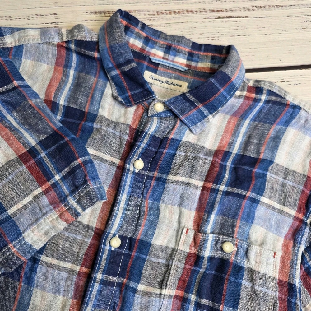 Tommy Bahama Short Sleeve Americana Plaid Linen Shirt Bering Blue Plaid Mens 2XL